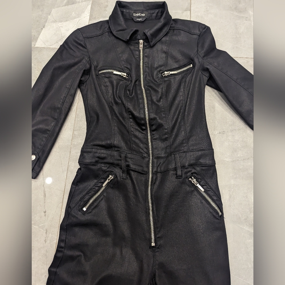 Bebe - Amazing Black Stretchy Denim Moto Jumpsuit Catsuit - Picture 4 of 8